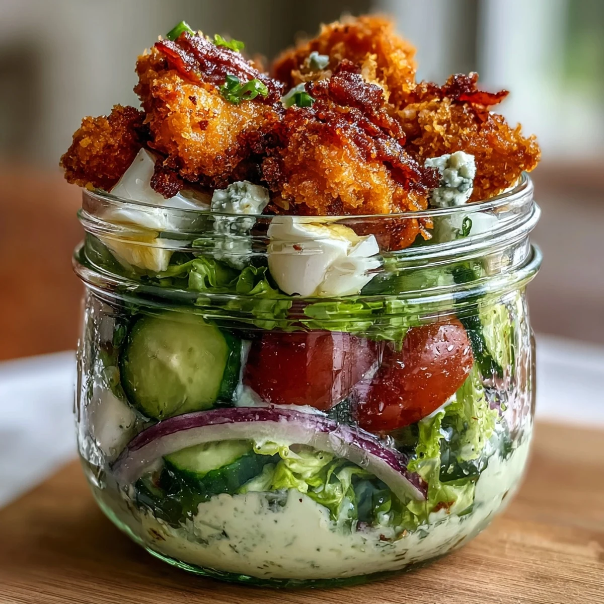 Juicy crispy chicken Cobb salad jar, loaded with savory toppings and creamy dressing.