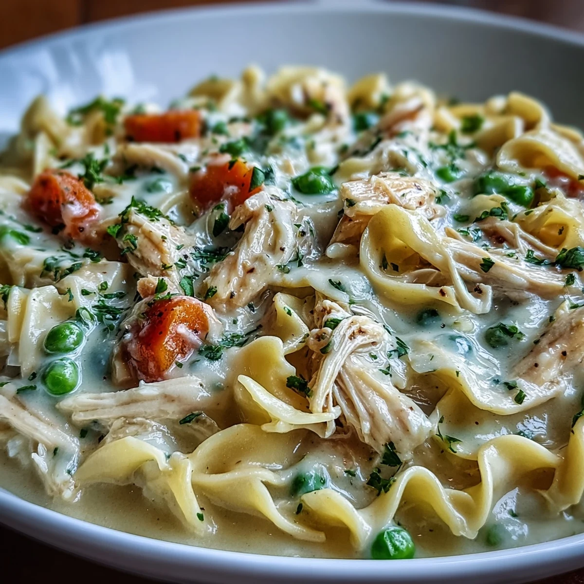 Tender Spring Chicken Noodle Skillet with peas and carrots, a creamy family favorite.