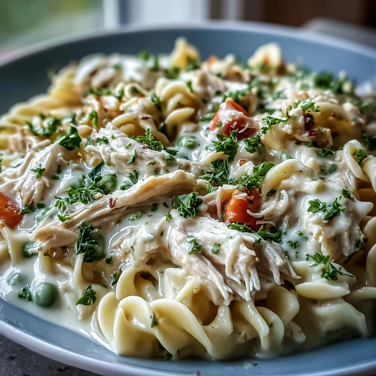 Flavorful Spring Chicken Noodle Skillet, bubbling hot in a rustic cast iron pan.
