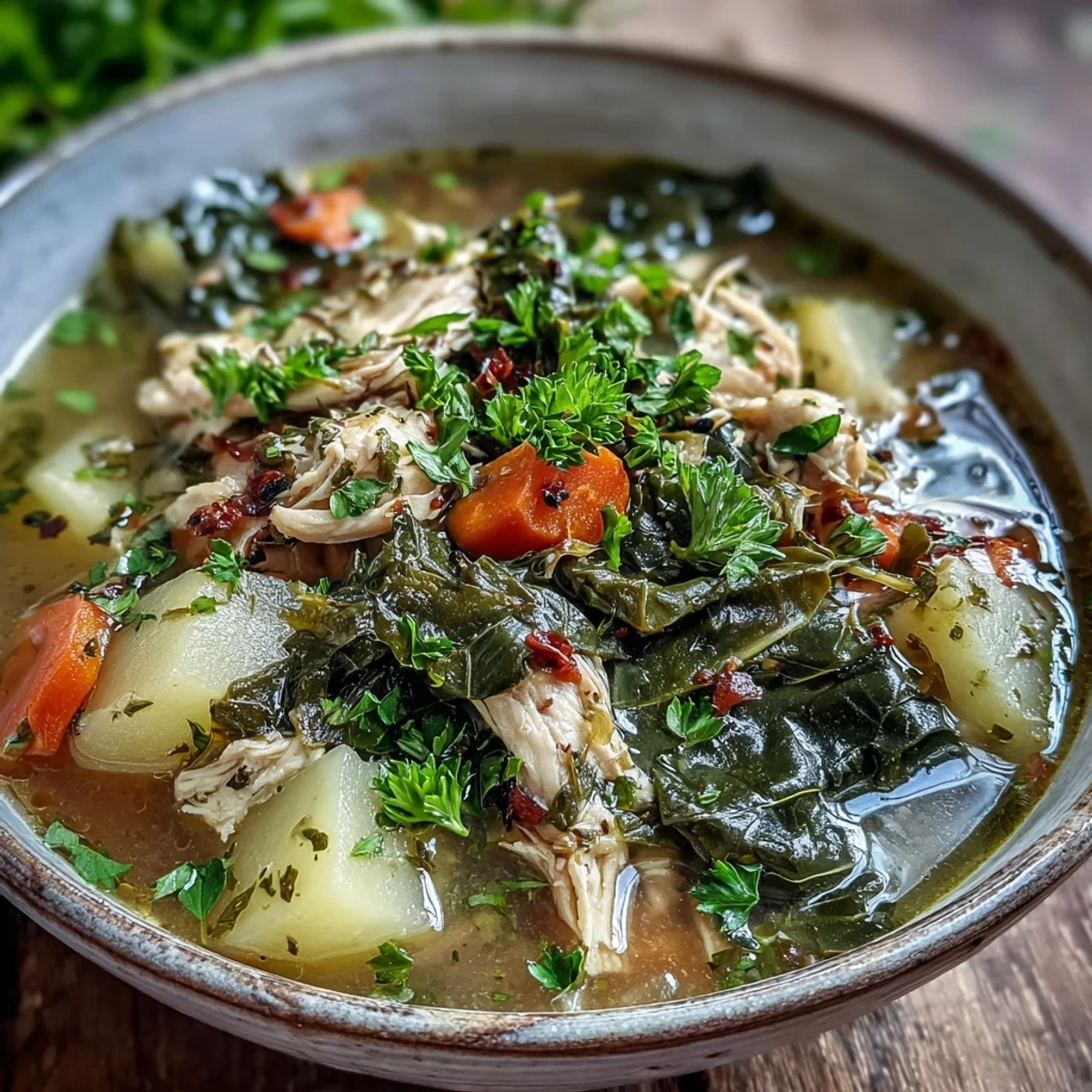 Hearty Collard Greens, Chicken and Vegetable Soup brimming with shredded chicken, tender potatoes, and bright greens in a steaming broth.  