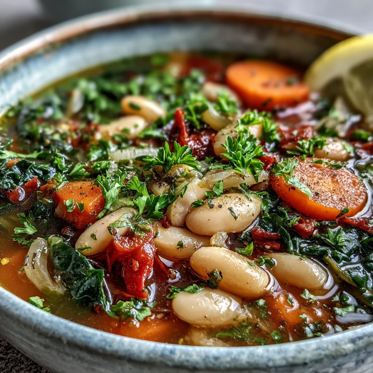 A vibrant bowl of Mediterranean White Bean Stew, featuring tender beans, kale, and carrots in a rich olive oil broth.