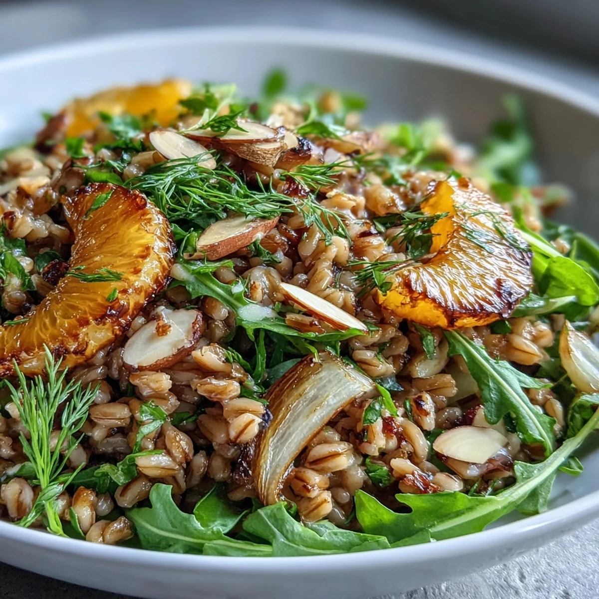 The vibrant Farro Salad with Fennel, Oranges, and Almonds showcases toasted nuts and citrus segments on a bed of greens.