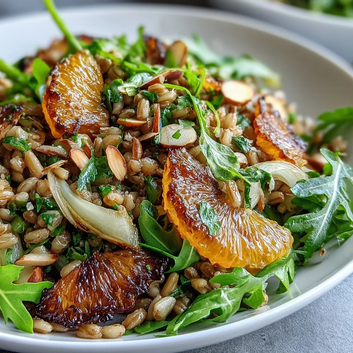 Hearty grains and crisp fennel make up this Farro Salad with Fennel, Oranges, and Almonds, dressed in citrus vinaigrette.