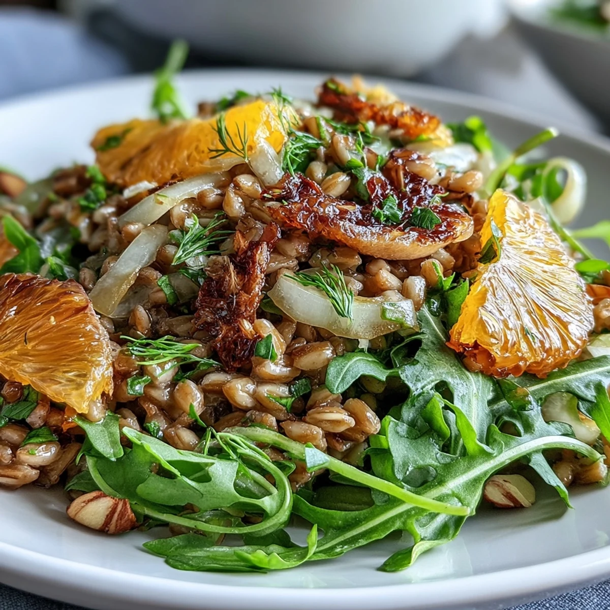 A Mediterranean-inspired Farro Salad with Fennel, Oranges, and Almonds garnished with fresh parsley and vibrant orange slices on a platter.