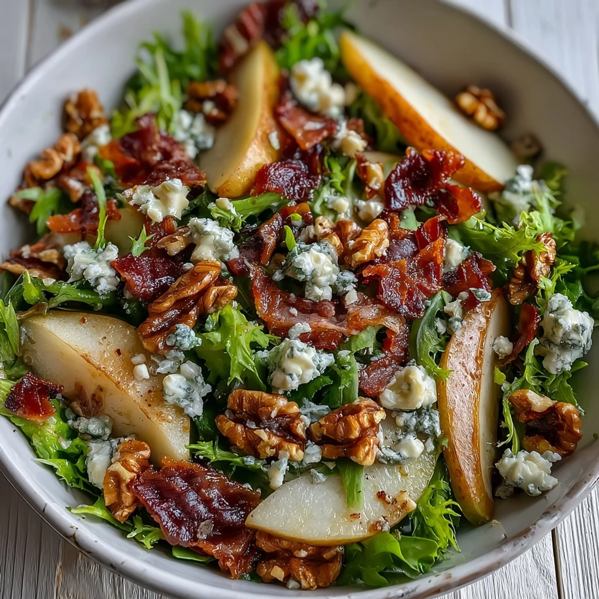 Hearty Frisée, Pear, Blue Cheese, and Crispy Prosciutto Salad served as a light lunch beside a glass of chilled white wine.