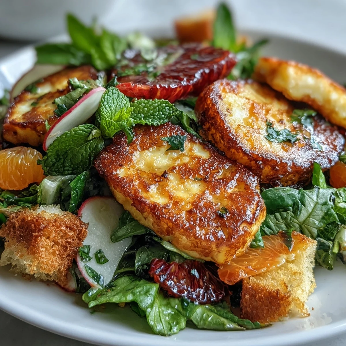 A vibrant Halloumi Blood Orange Fattoush salad with golden fried cheese and crisp sourdough croutons.