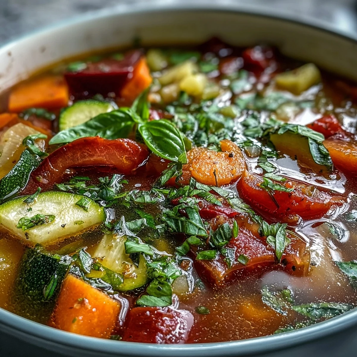 A bowl of Rainbow Vegetable Detox Soup garnished with fresh parsley and dill, featuring diced carrots and tomatoes in a clear broth.