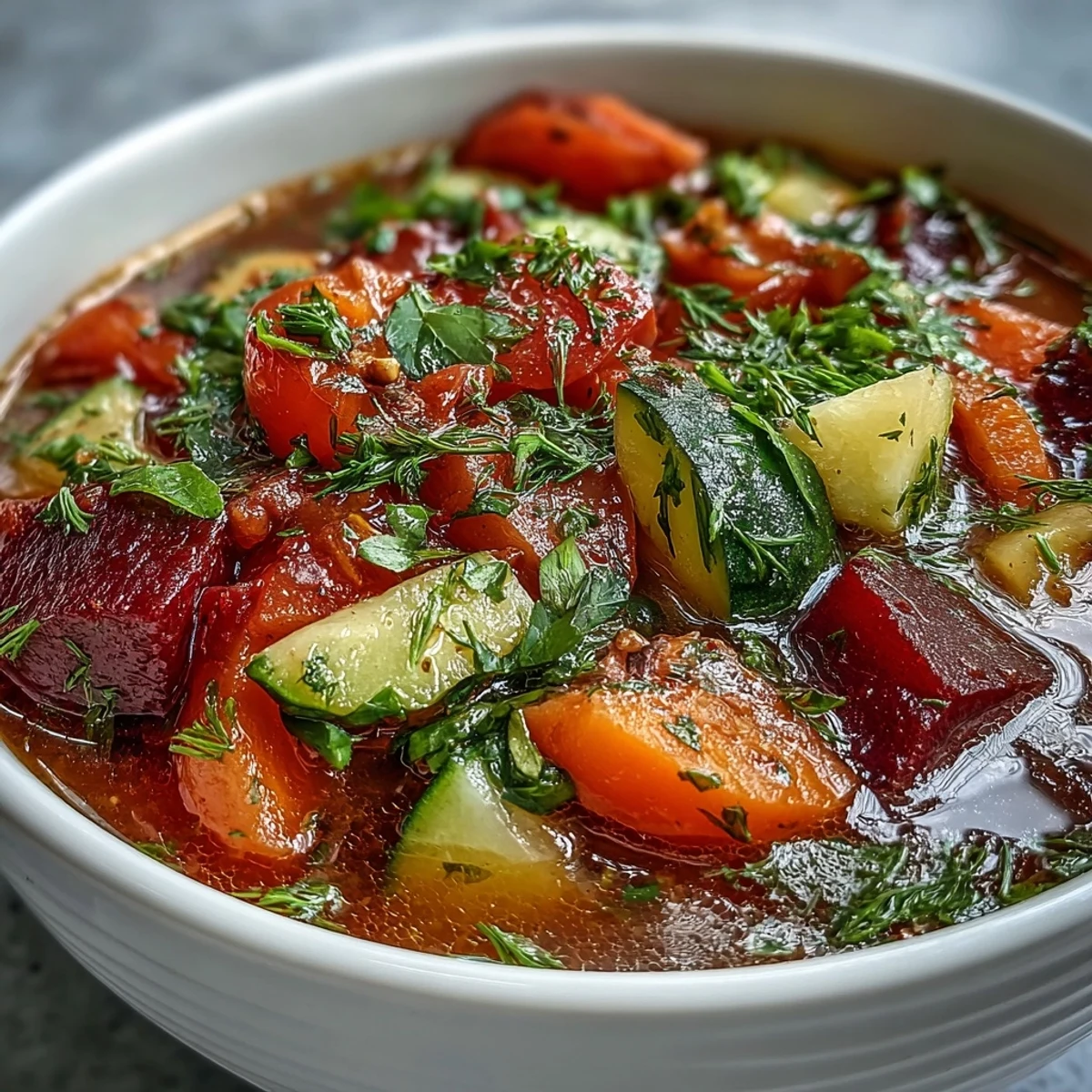 Close-up of Rainbow Vegetable Detox Soup steaming in a rustic pot, revealing tender beetroot, zucchini, and vibrant green herbs.