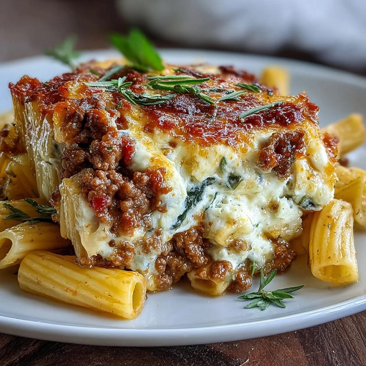A steaming High Protein Italian Beef and Pasta Bake straight from the oven, featuring bubbly golden mozzarella and a rich tomato sauce loaded with colorful vegetables.  