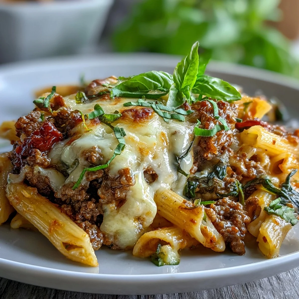 A close-up of the High Protein Italian Beef and Pasta Bake highlights the savory turkey pepperoni, fresh basil garnish, and steam rising from the savory tomato sauce.