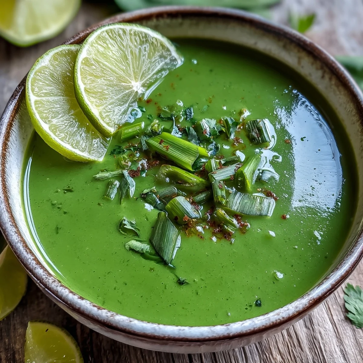 A vibrant bowl of Spinach Coriander Lemongrass Soup, steam rising from the rich coconut milk base.