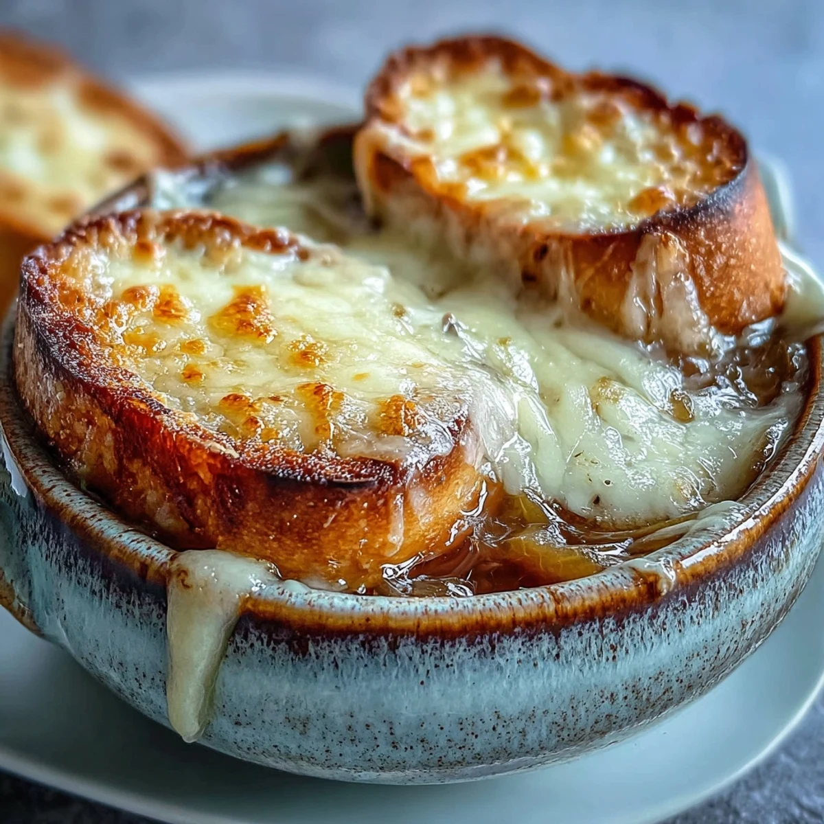Golden French Onion Soup bubbling in an oven-safe bowl with melted Gruyère and toasted bread.