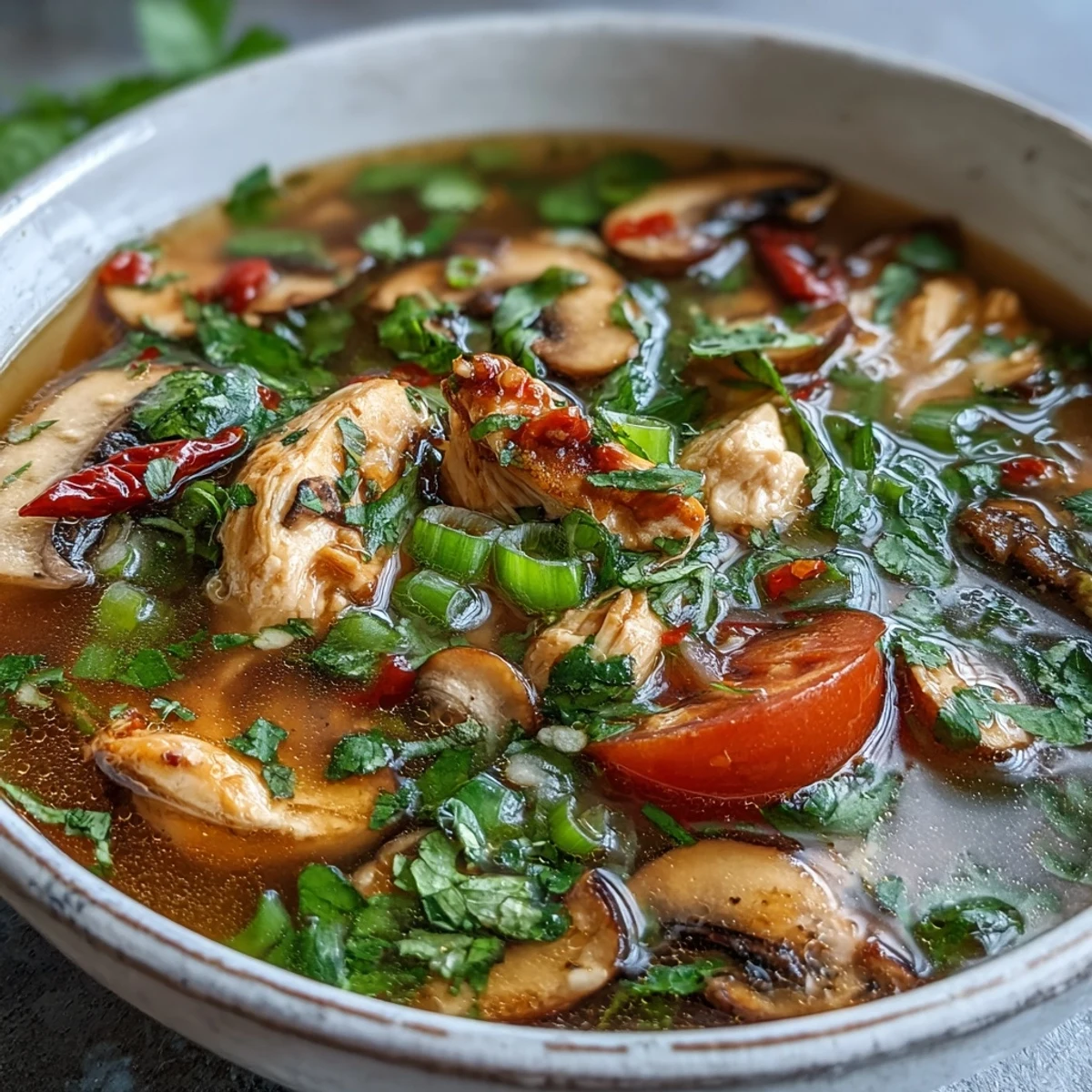 A steaming bowl of Tom Yum Chicken soup features tender chicken pieces, sliced mushrooms, and vibrant tomato wedges in a clear, aromatic broth. Garnished with fresh cilantro and green onions, with a lime wedge on the side.