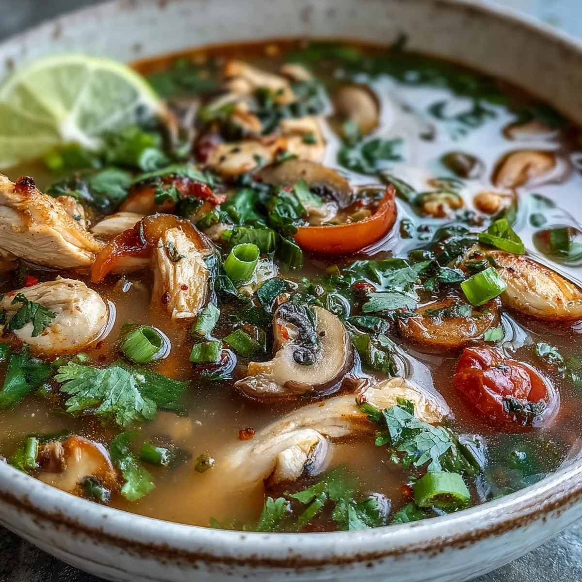 Overhead view of homemade Tom Yum Chicken soup with its signature spicy and sour broth. The bright red tomatoes, soft mushrooms, and aromatic herbs make this Thai dish look incredibly inviting.