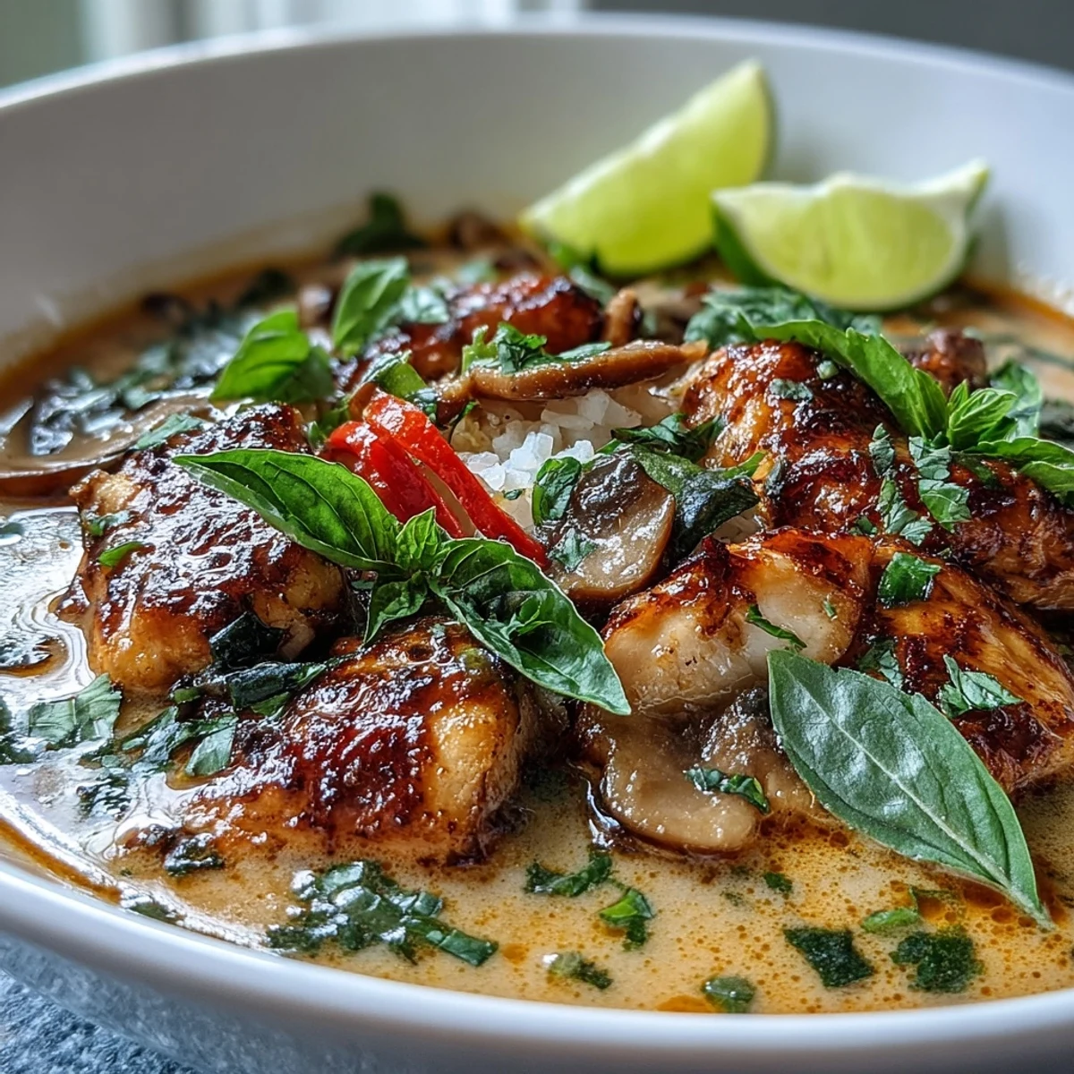 Thai Chicken Coconut Curry Soup steaming in a creamy red curry broth with tender chicken, vibrant bell peppers, and fresh lime wedges.