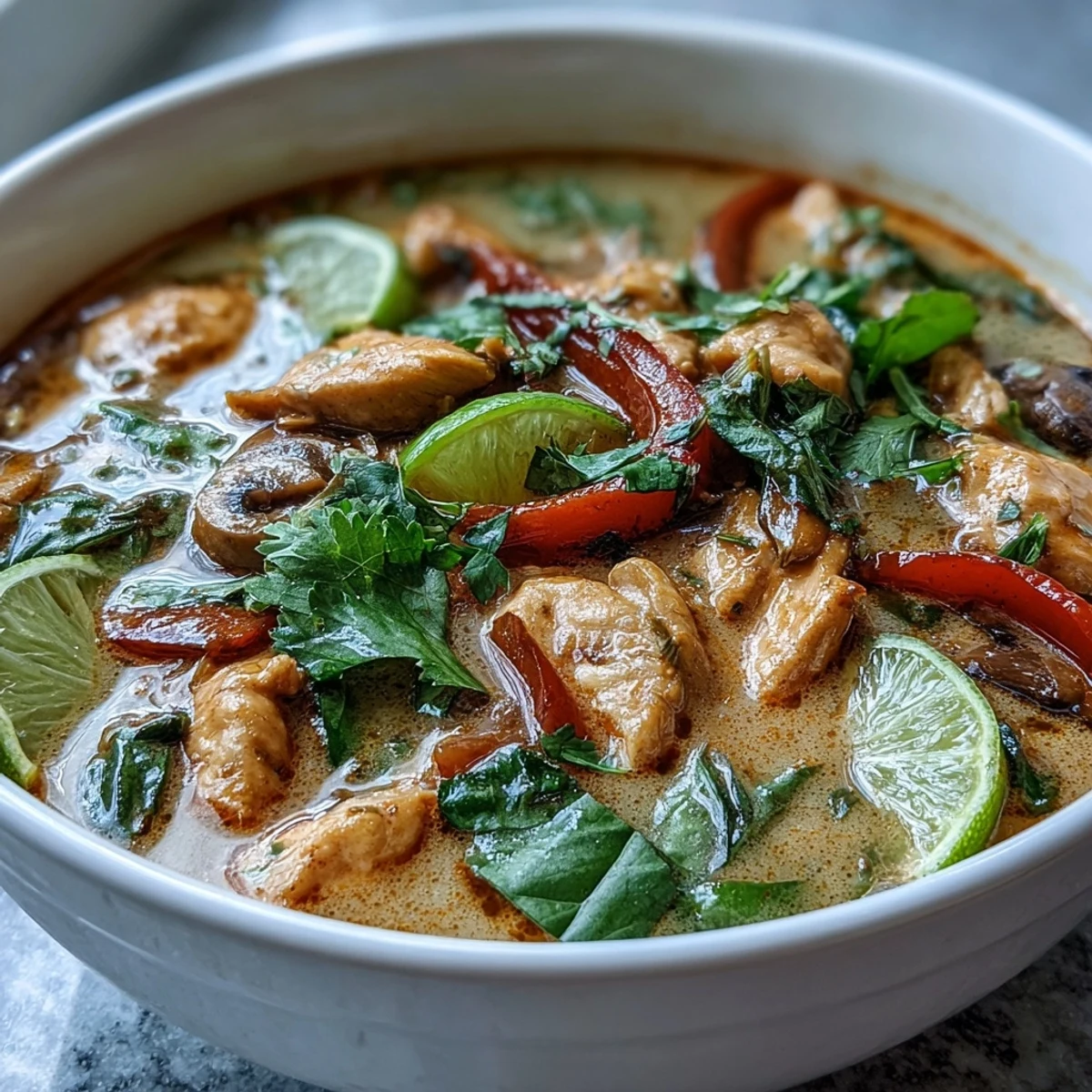 Close-up of Thai Chicken Coconut Curry Soup garnished with cilantro, Thai basil, and chilies, served hot alongside rice noodles.