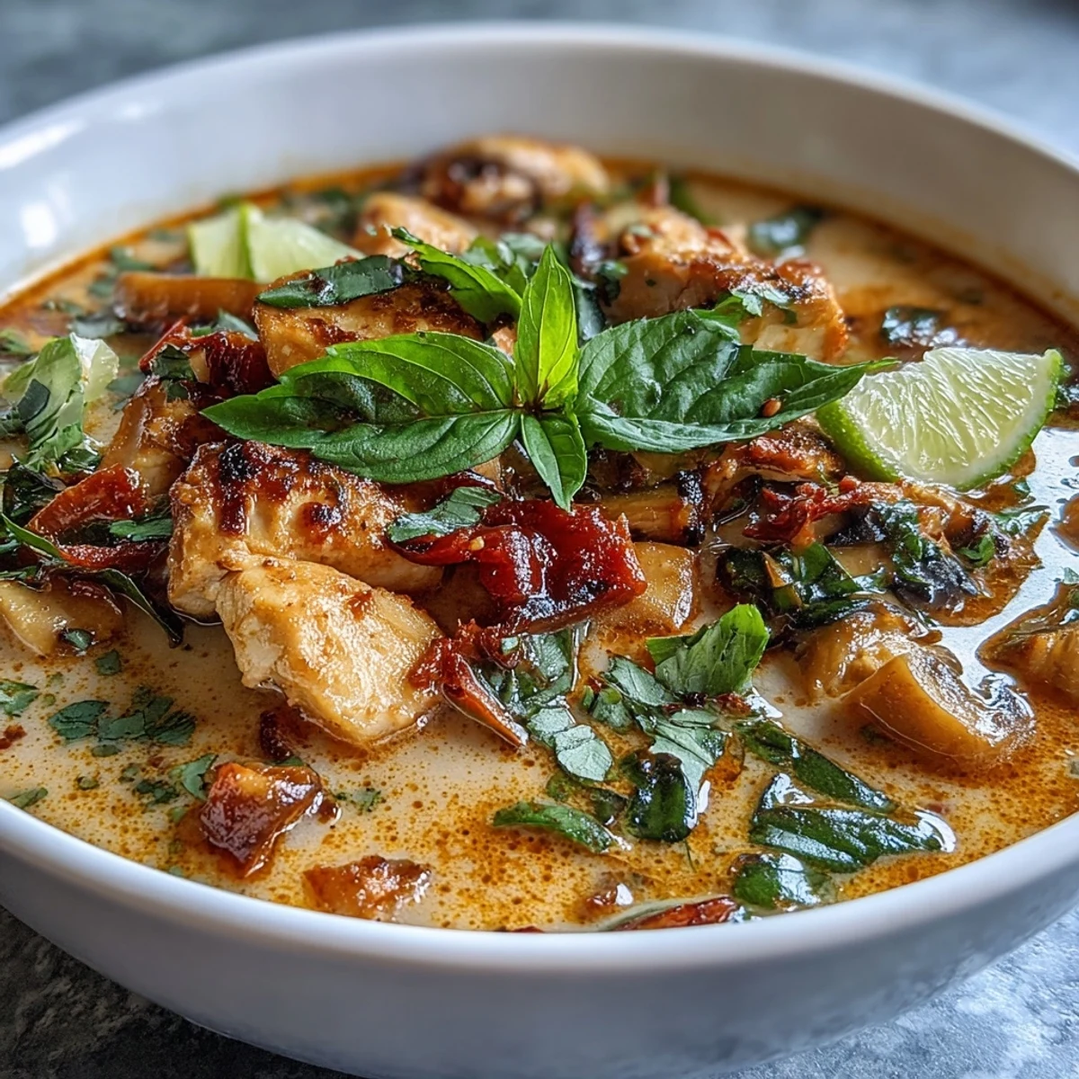 A warm bowl of Thai Chicken Coconut Curry Soup with snow peas and shiitake mushrooms, ready for a cozy weeknight dinner.