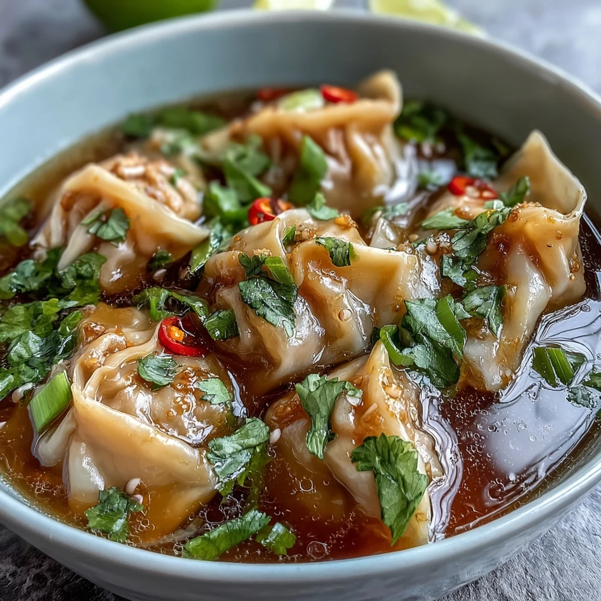 A close-up of Tom Yum Wonton Soup garnished with fresh cilantro, lime wedges, and chili oil for zest.