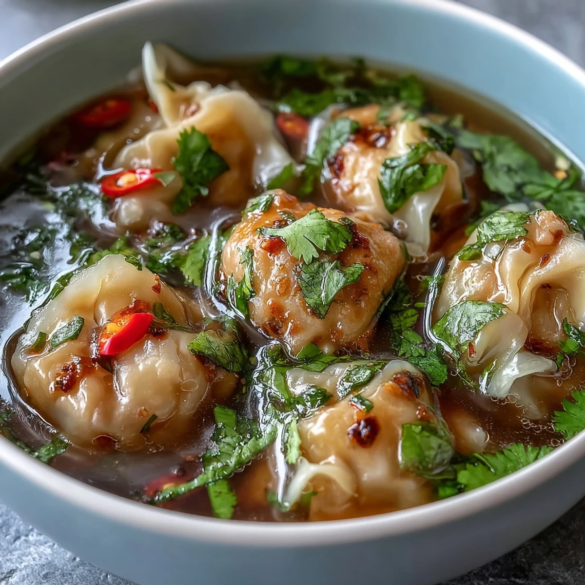 Steamy bowl of Tom Yum Wonton Soup featuring pork dumplings and bok choy in a spicy, aromatic Thai broth.
