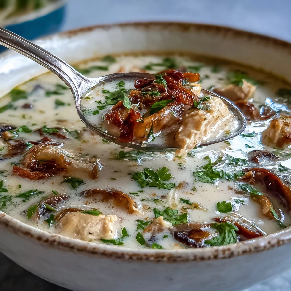 A spoon dipping into creamy Authentic Tom Kha Gai, revealing fragrant coconut milk, tender chicken, and sliced mushrooms.