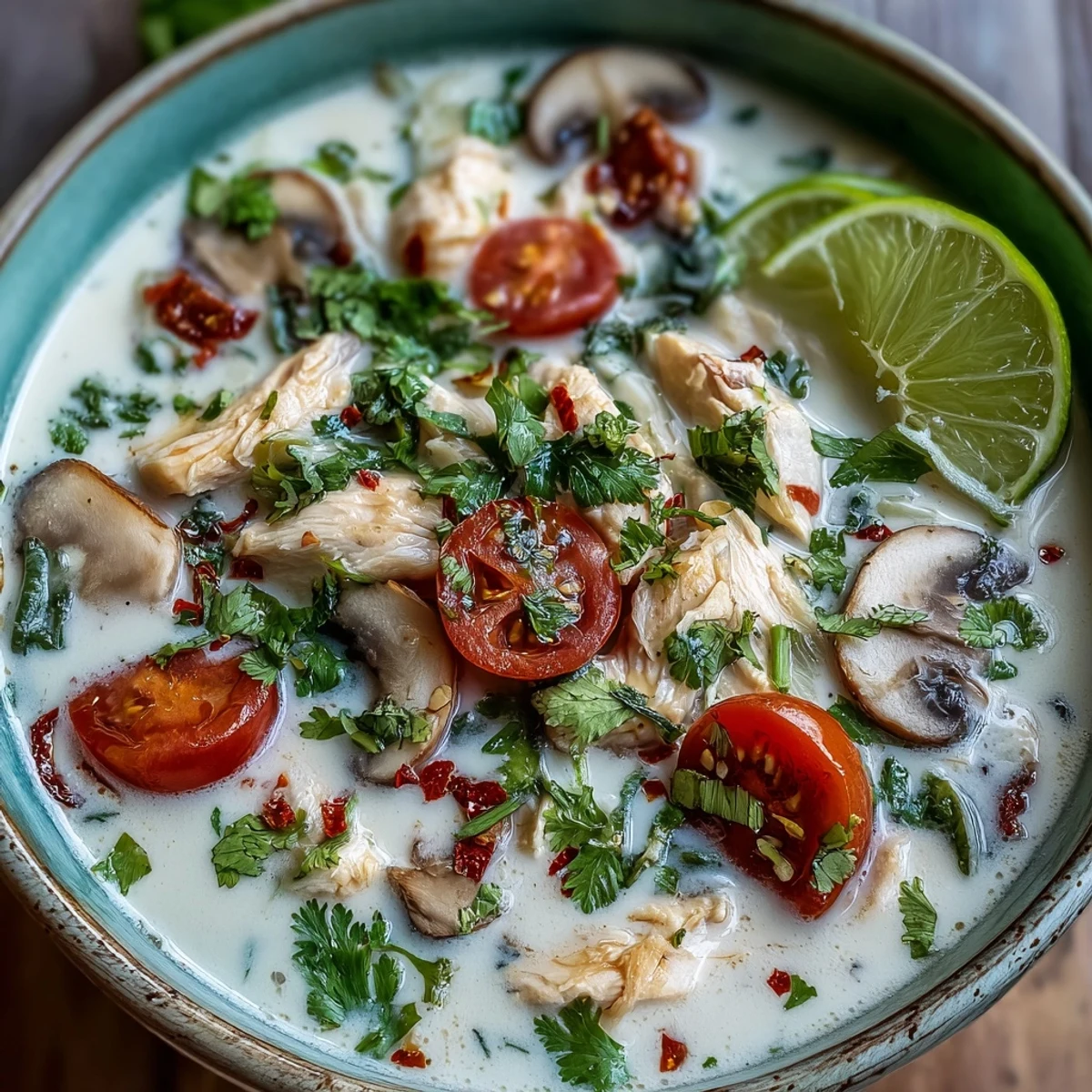 A steaming bowl of Best Ever Tom Kha Gai Soup features tender chicken, mushrooms, and fresh herbs in a creamy coconut broth.