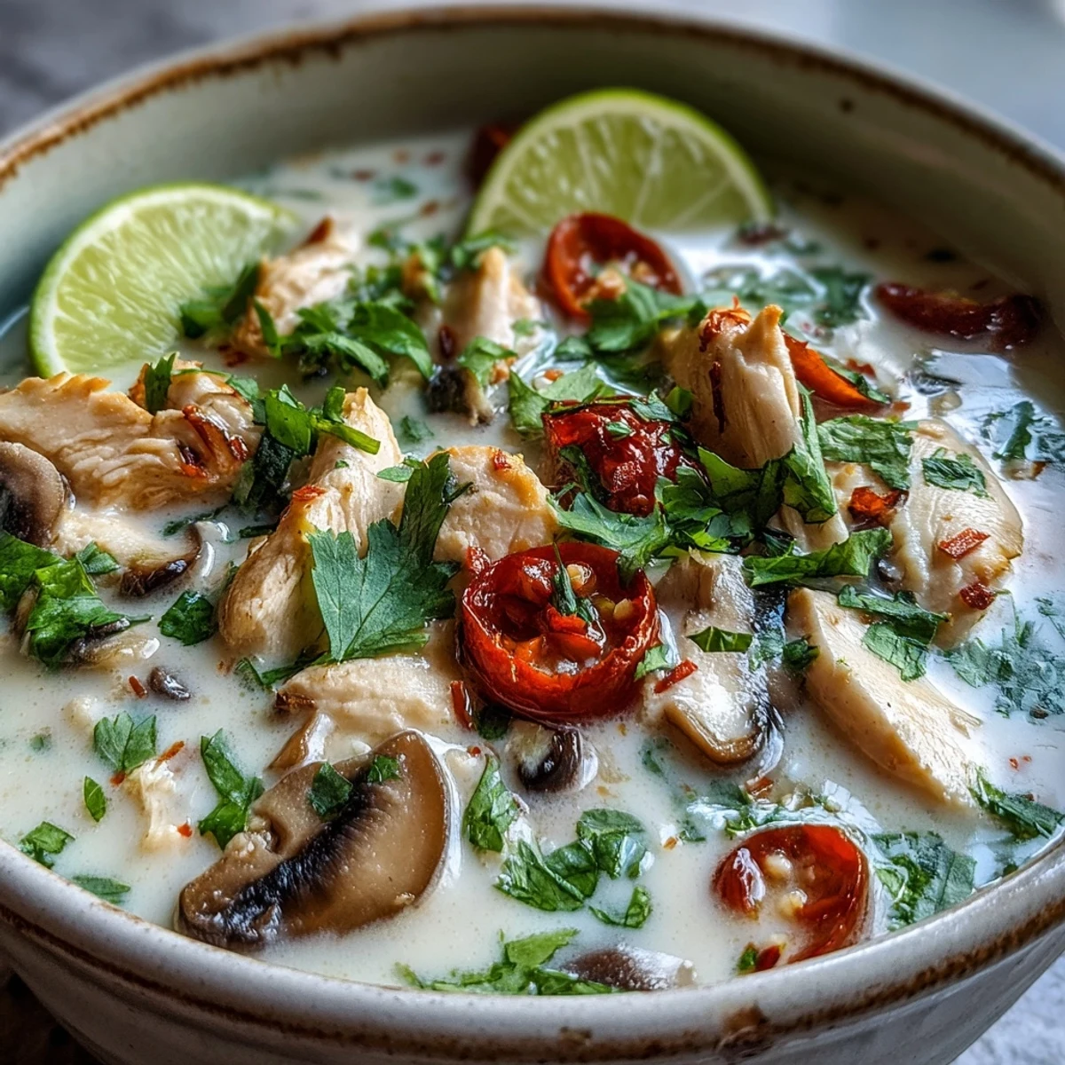 Close-up of Best Ever Tom Kha Gai Soup revealing rich coconut broth, chicken slices, and vibrant red chili garnish.