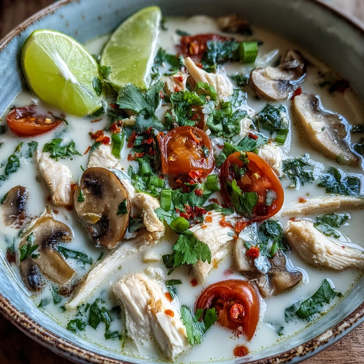 Aromatic Best Ever Tom Kha Gai Soup garnished with cilantro and lime wedges, served hot alongside fluffy jasmine rice.