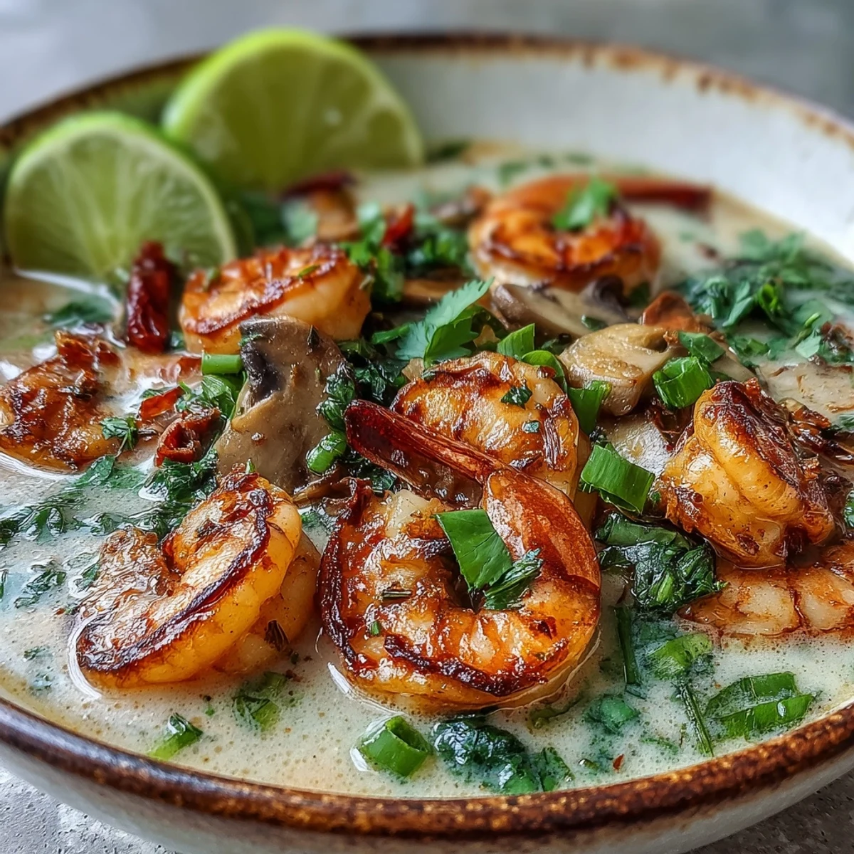 Thai Coconut Shrimp Soup with succulent shrimp in a creamy red curry broth, garnished with fresh herbs and lime wedges.