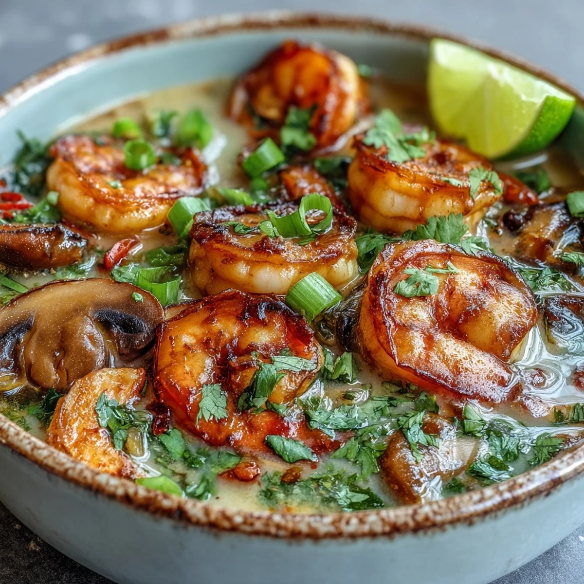 A warm bowl of Thai Coconut Shrimp Soup, featuring mushrooms and aromatic lemongrass, served as a comforting gluten-free meal.