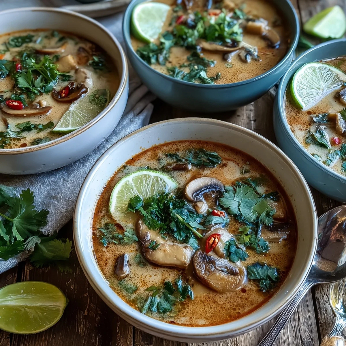 Creamy Thai Tom Kha Soup with tender chicken and mushrooms, served steaming hot in a rustic bowl.