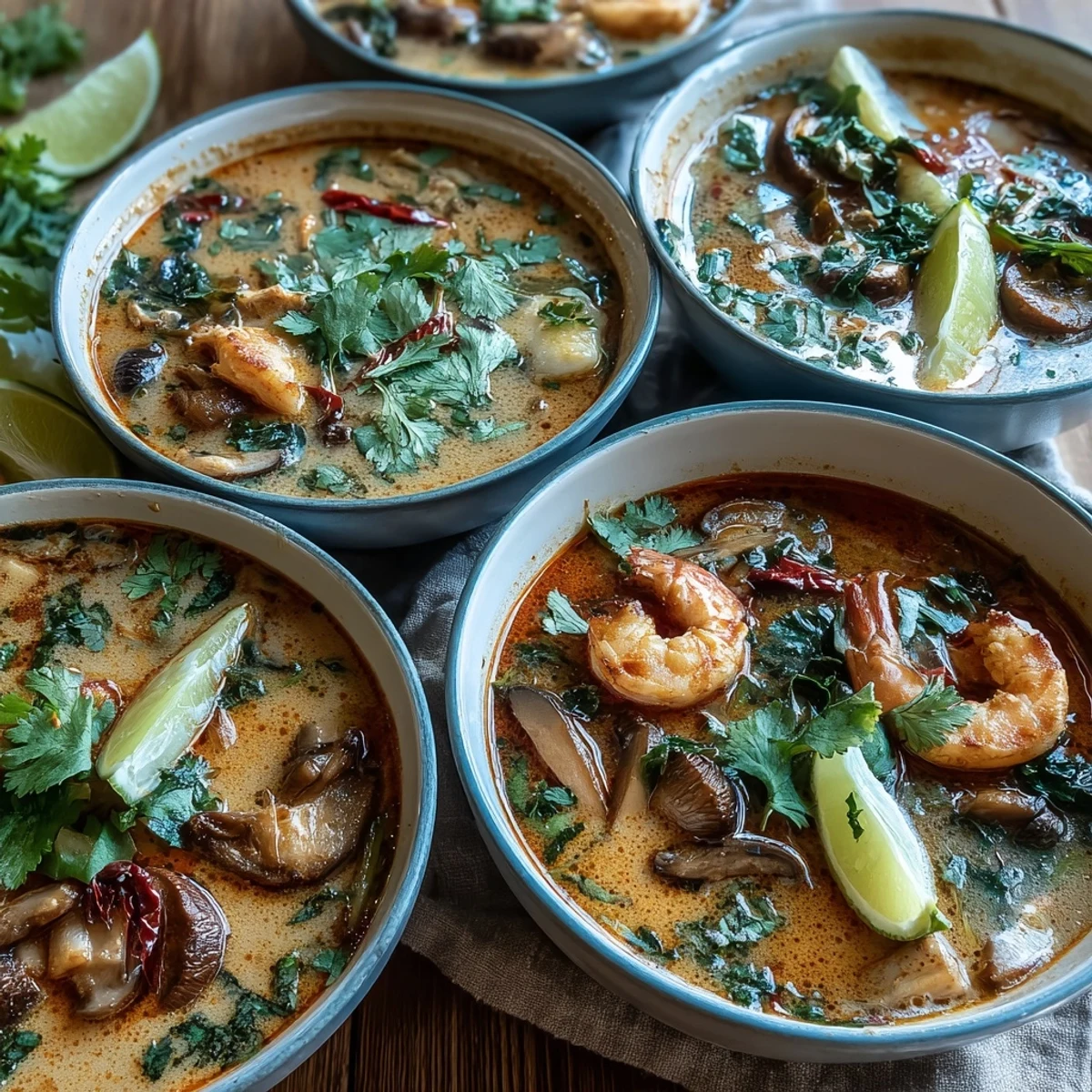Hot Tom Kha Soup in a white bowl, featuring tender chicken slices, button mushrooms, and aromatic Thai herbs.