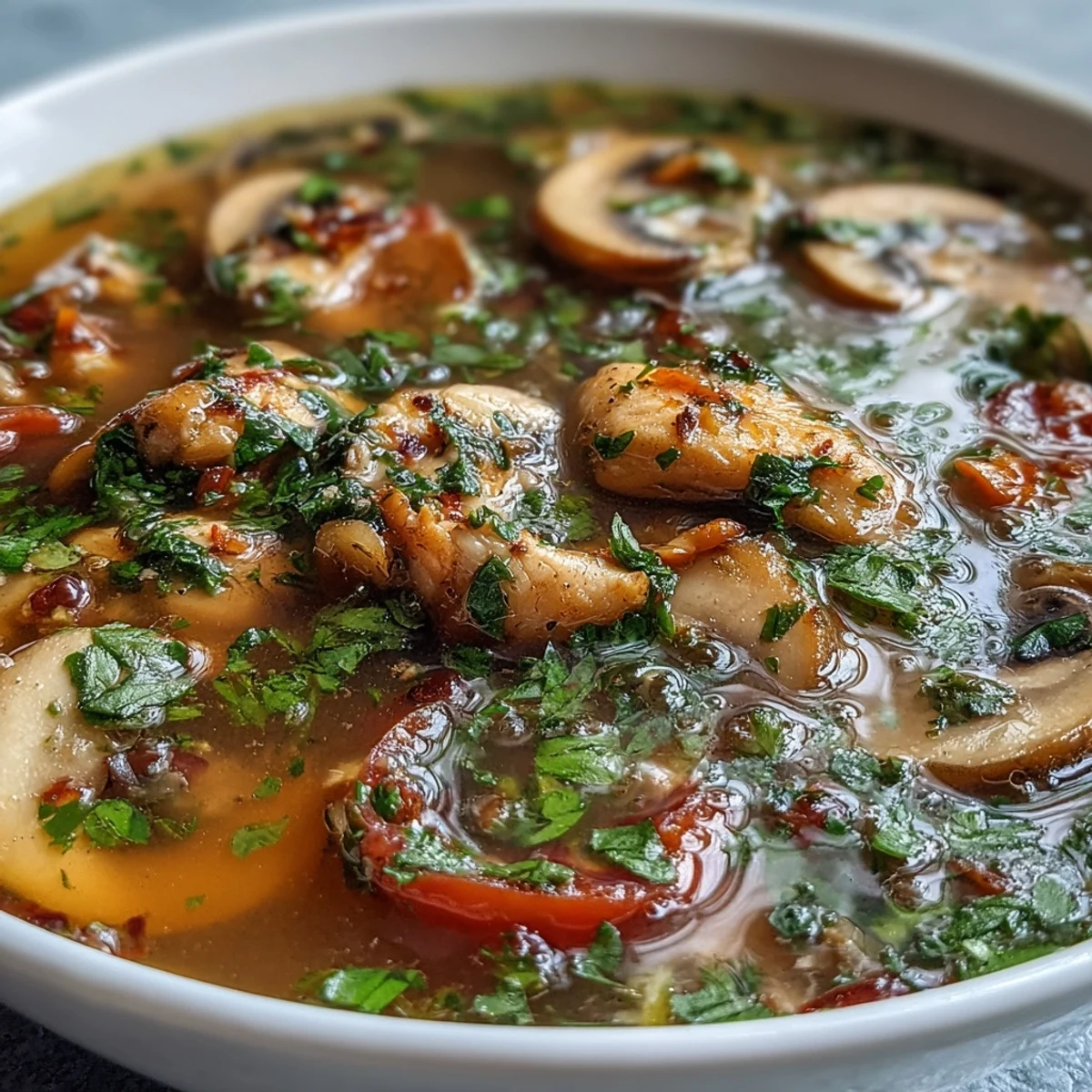 Steaming Tom Yum Gai soup reveals tender chicken and vibrant tomatoes in a spicy-sour broth.