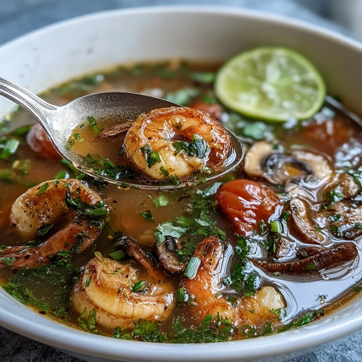 A vibrant, spicy Tom Yum Soup garnished with cilantro and green onions, served with lime wedges on the side.
