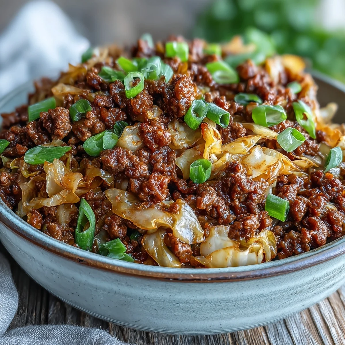 Forkful of Chinese ground beef and cabbage stir-fry, showing tender beef and crisp cabbage in a glossy sauce.
