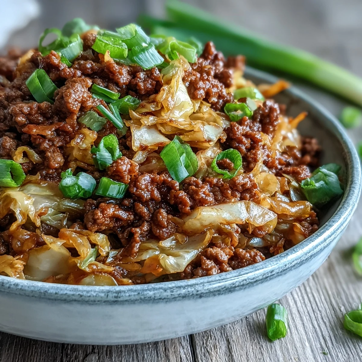 Plated Chinese ground beef and cabbage stir-fry next to chopsticks, garnished with green onions for a quick weeknight dinner.