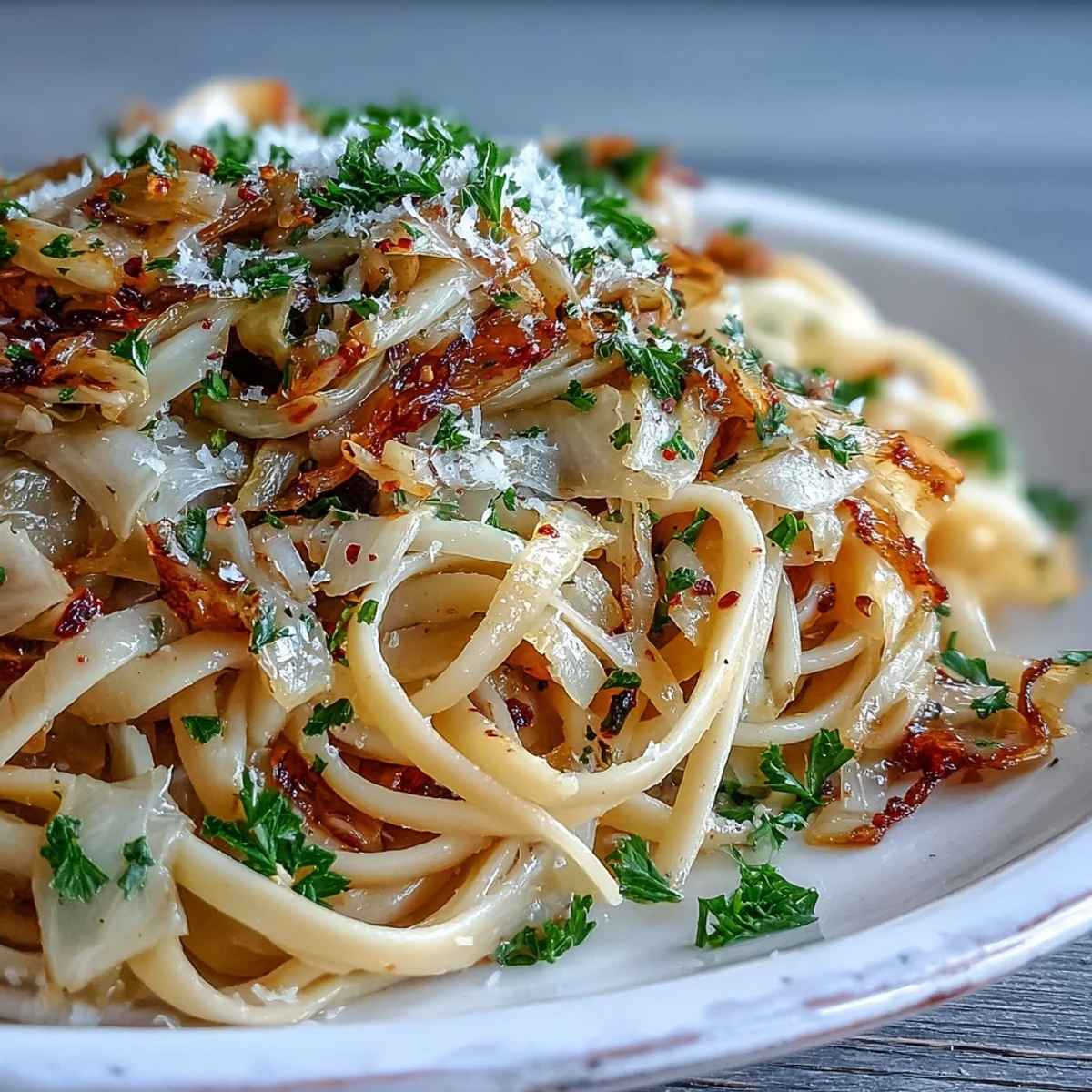 Freshly grated Parmesan cheese and chopped parsley garnish this steaming Cabbage Pasta With Garlic and Parmesan.
