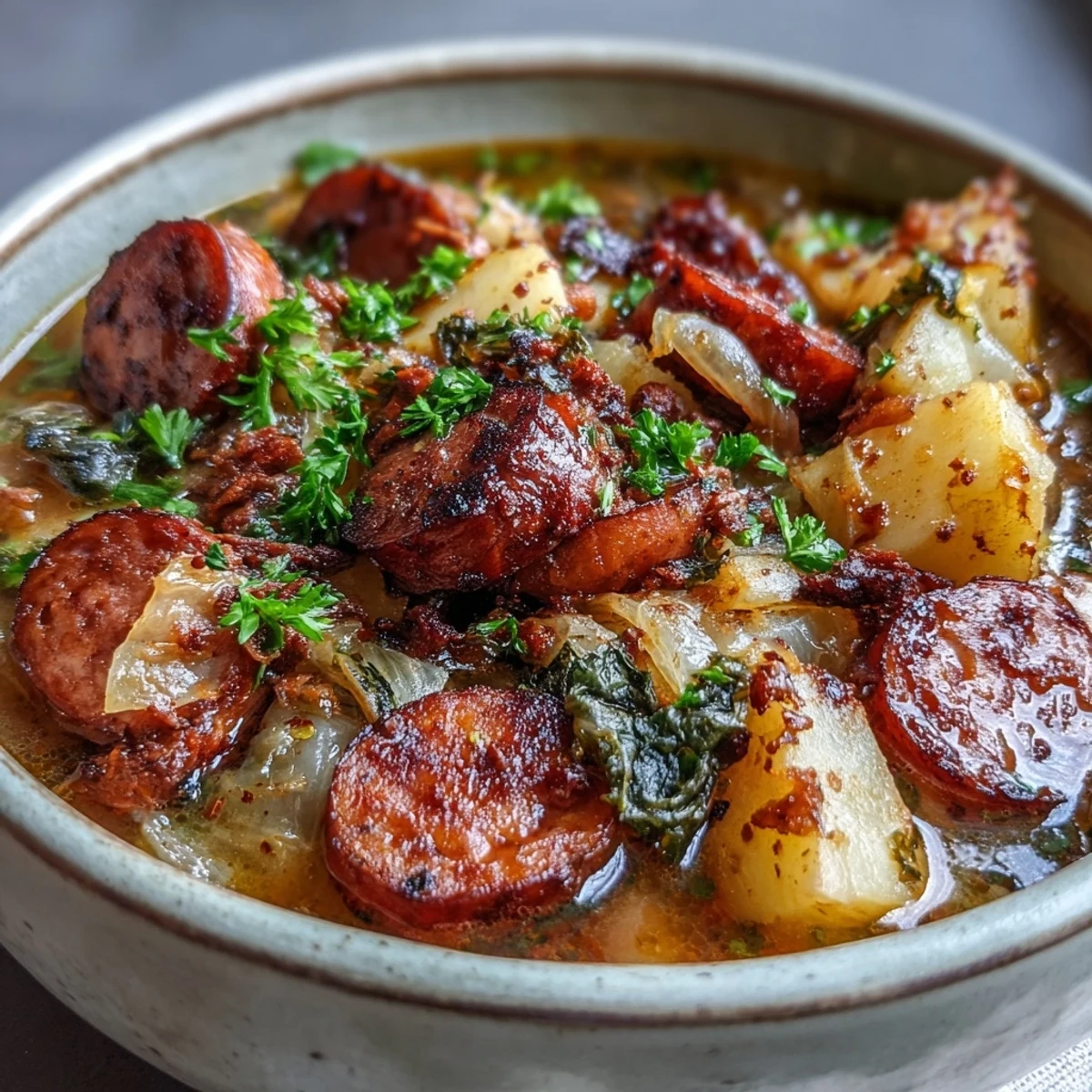 Steaming bowls of Sausage, Potato and Cabbage Soup feature sliced kielbasa, diced potatoes, and green cabbage in a savory broth.