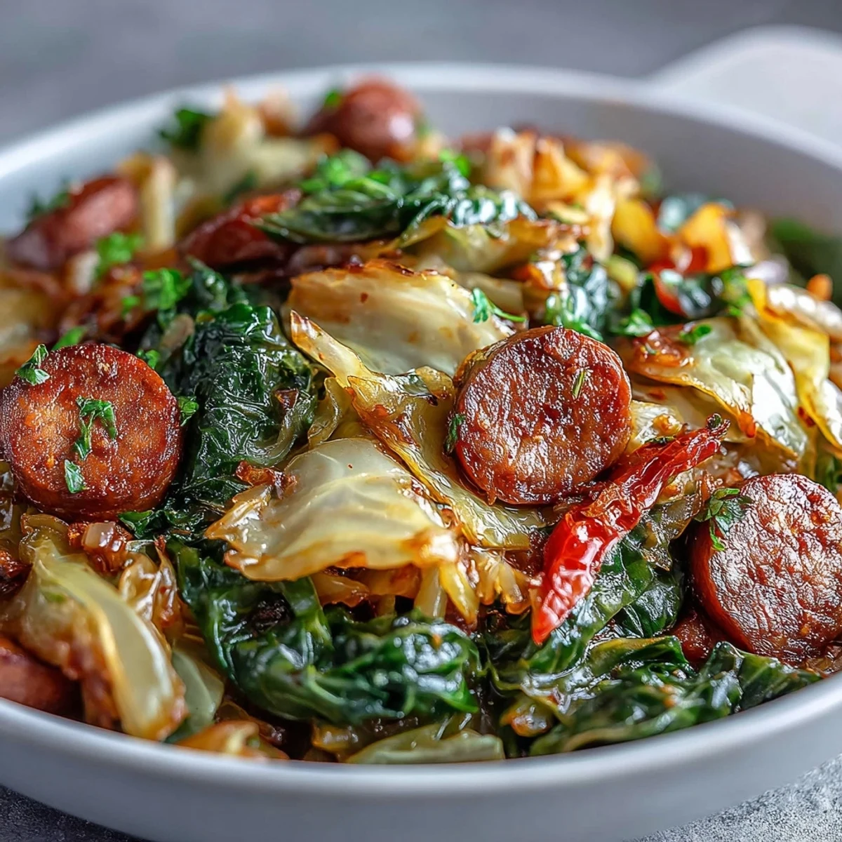 Golden brown sausage slices and wilted green cabbage sizzling in a cast iron skillet for Smothered Cabbage With Sausage Skillet.