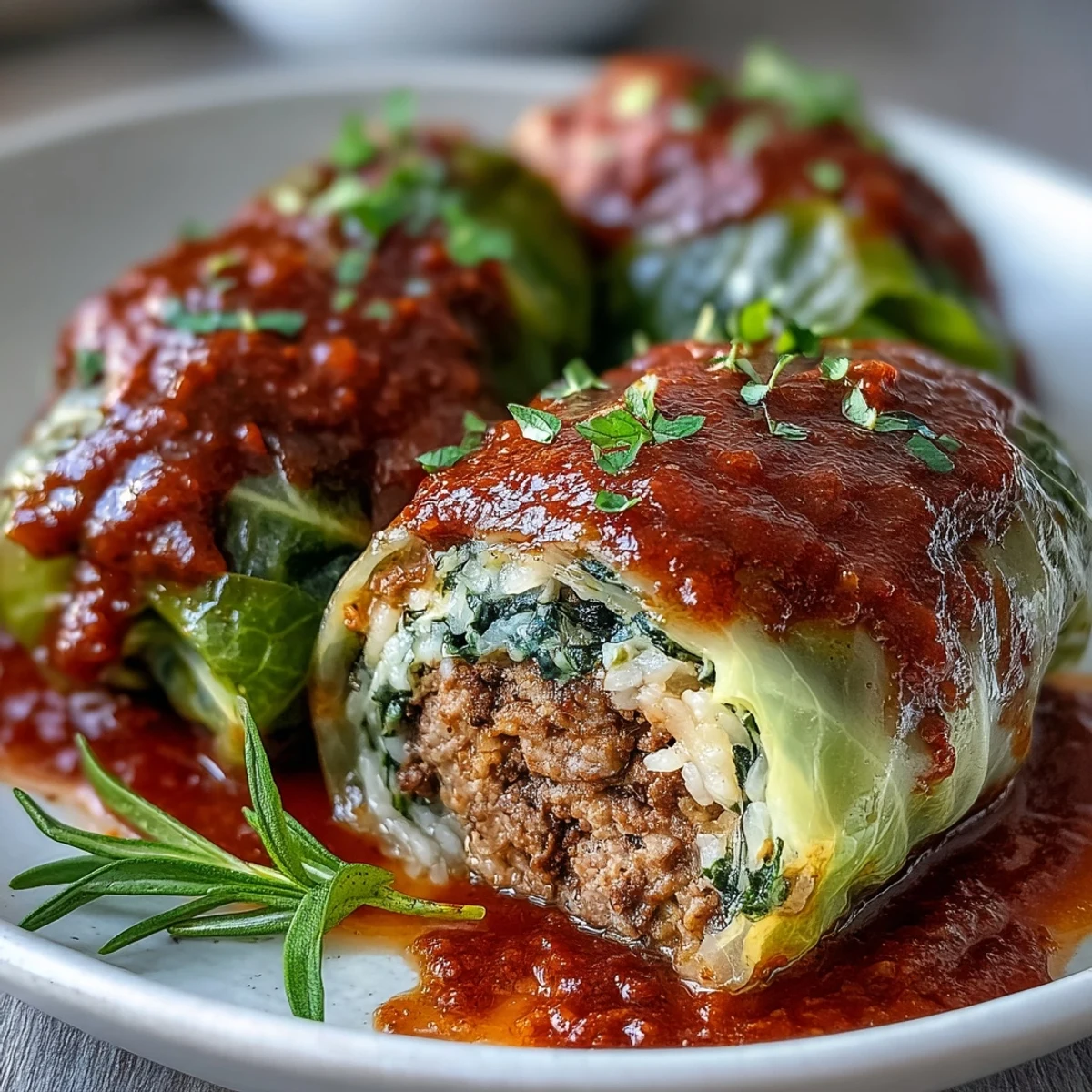 Tender cabbage rolls stuffed with meat and rice are baked in a rich tomato sauce and garnished with fresh parsley.