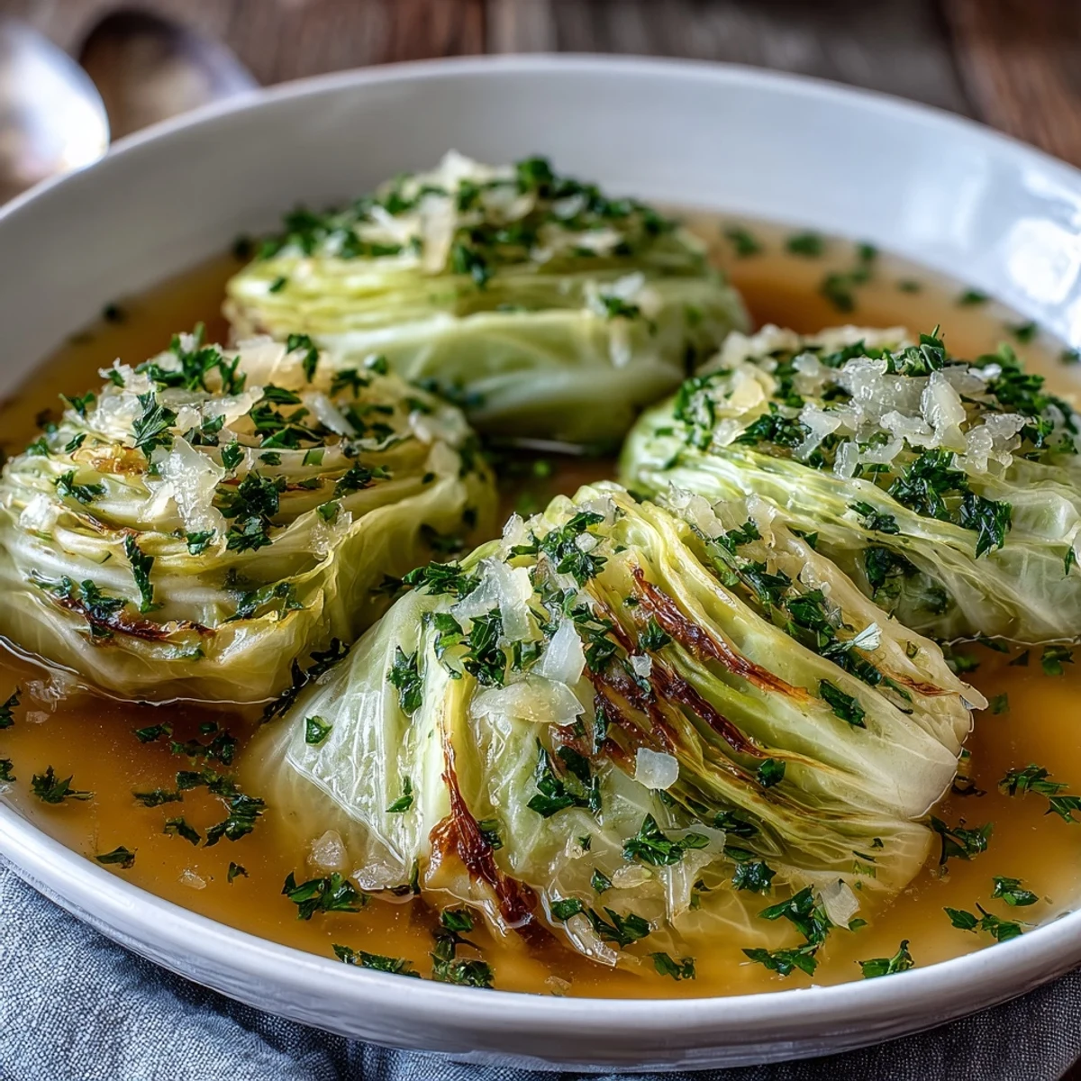 Tender cabbage wedges in a creamy parmesan broth, garnished with fresh chives and parsley for a comforting bowl.