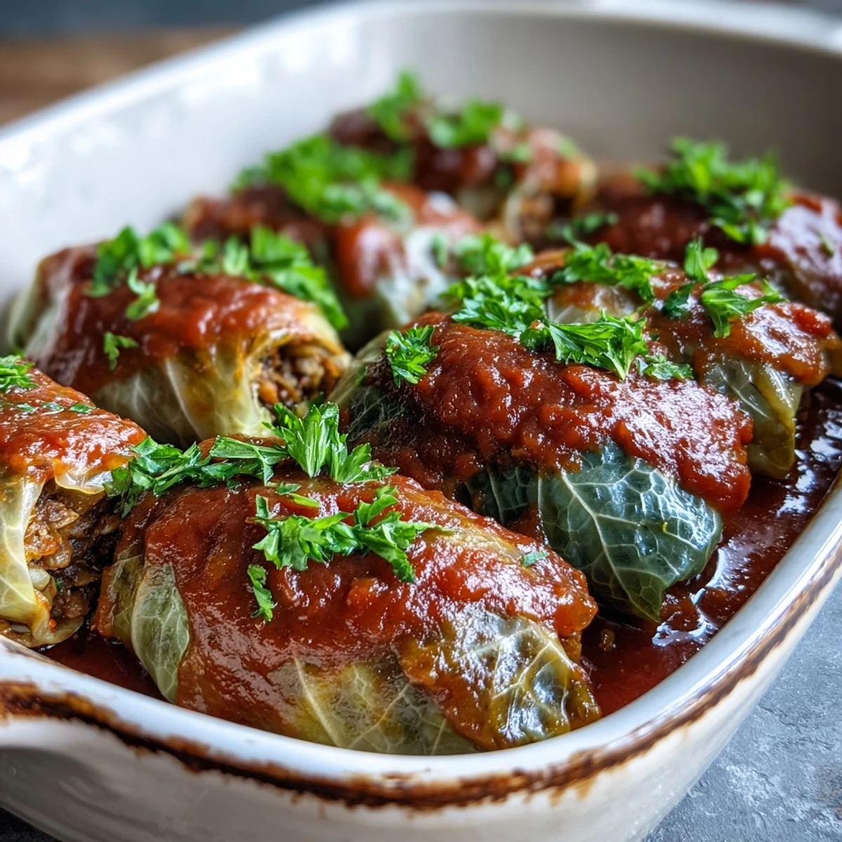 Golden Baked Vegan Cabbage Rolls in a casserole dish, bubbling with rich tomato sauce and fresh parsley garnish.