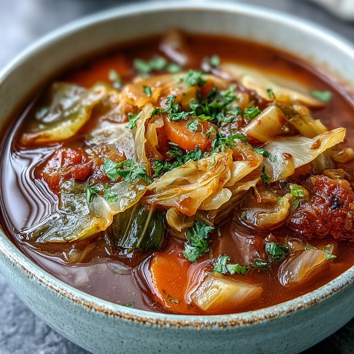 A ladle of hearty Classic Cabbage Soup being served from a pot, filled with tender cabbage and tomatoes.