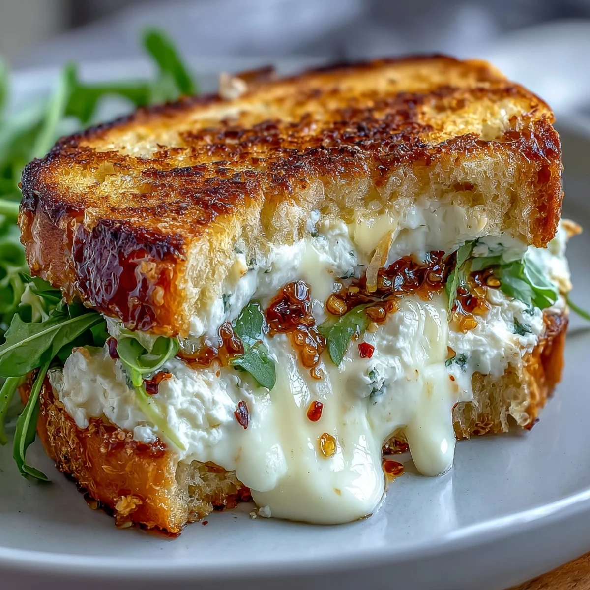 Close-up of Goat Cheese Grilled Cheese with Honey & Chili Flakes, with melted cheese and herbs.