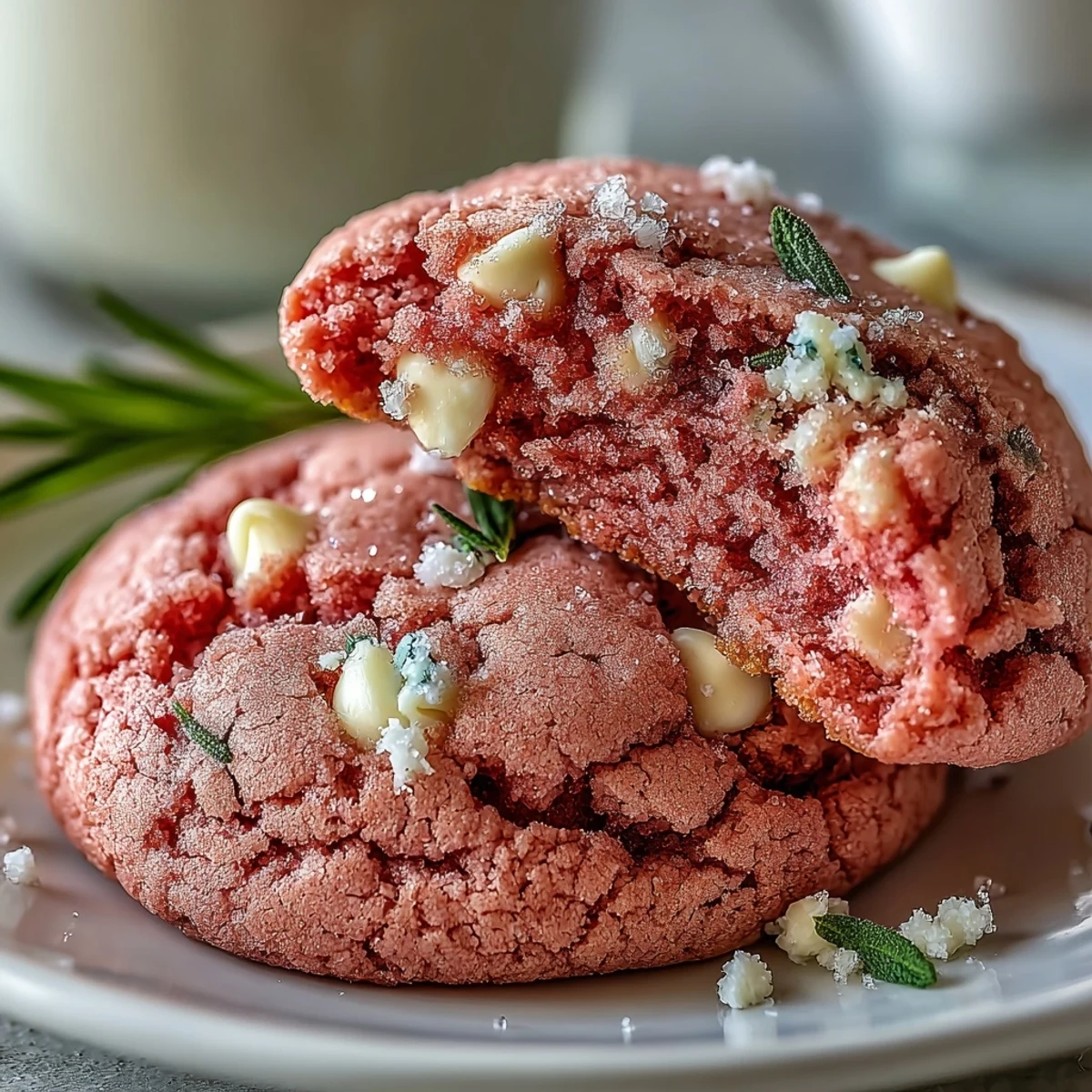Freshly baked Pink Velvet Cookies with creamy white chocolate chips on a cooling rack, ready to serve.