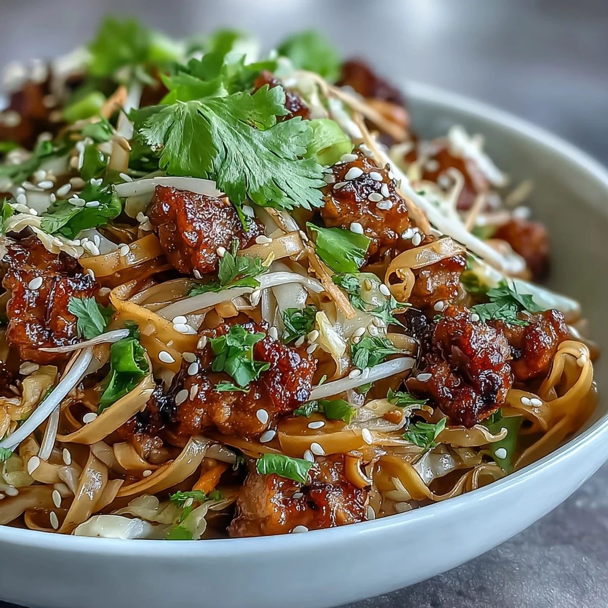 Potsticker Noodle Bowls served steaming in a ceramic bowl, topped with browned pork, shredded carrots, and fresh herbs.