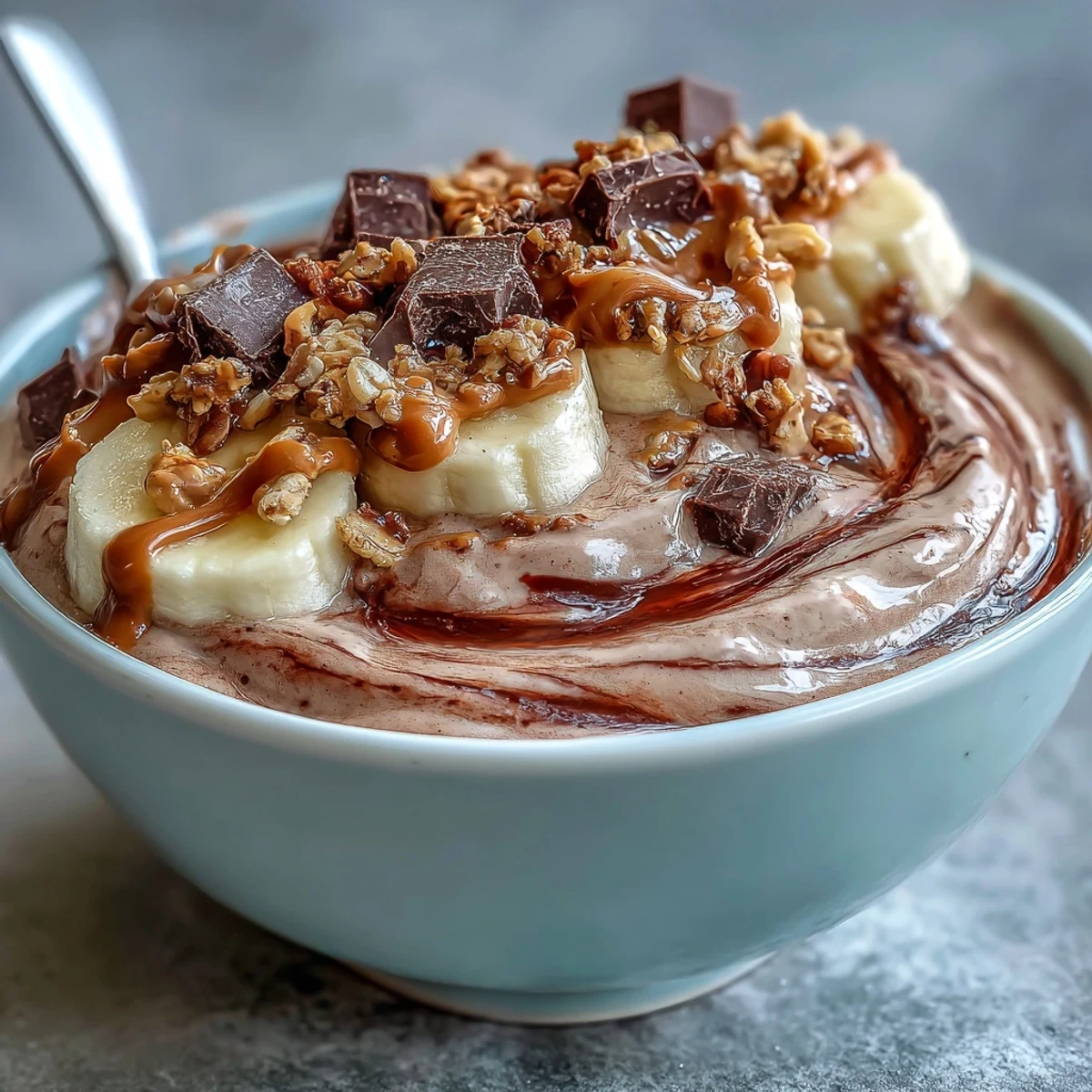 Close-up of a thick Chocolate Peanut Butter Smoothie Bowl, garnished with fresh banana slices, granola, and a swirl of drizzled peanut butter.