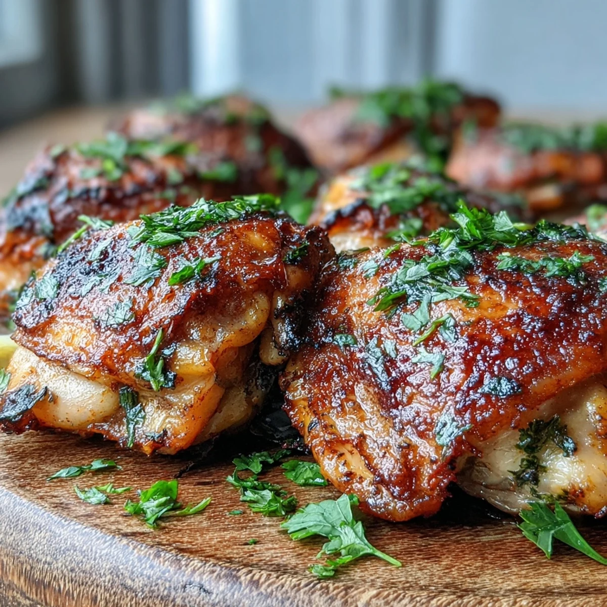 Crispy baked bone-in chicken thighs with crackling golden skin and lemon wedges.