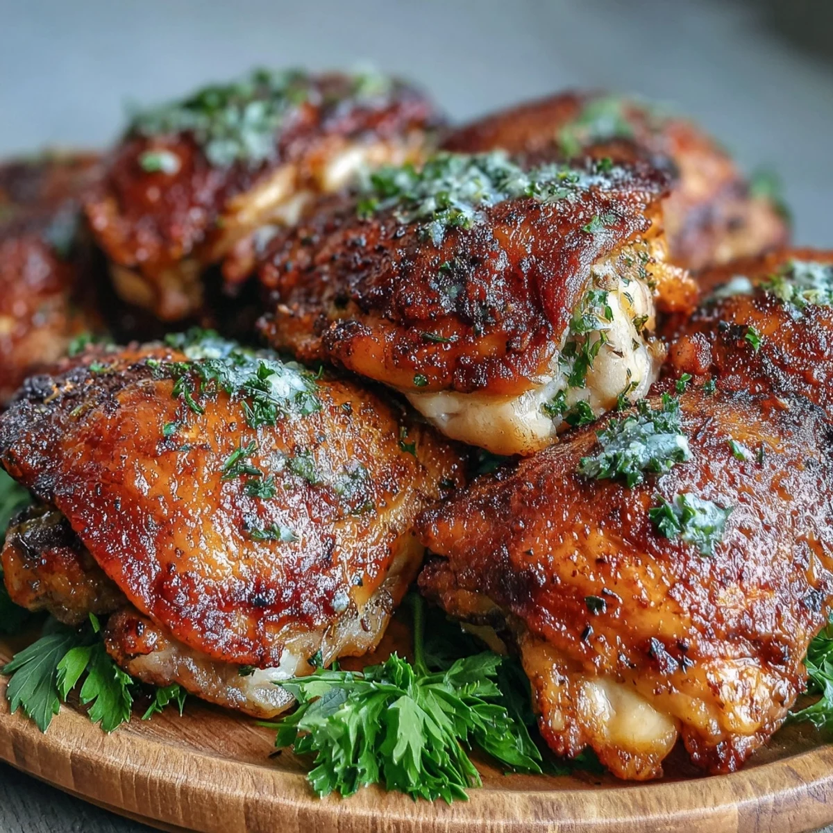 Golden baked bone-in chicken thighs with smoky spice rub on a wire rack.