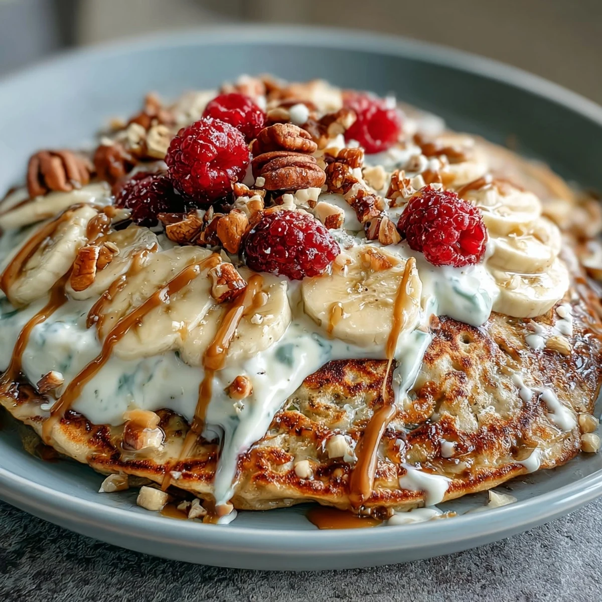 A warm Protein Pancake Bowl features a thick golden pancake base topped with creamy Greek yogurt, fresh berries, sliced banana, and crunchy nuts.