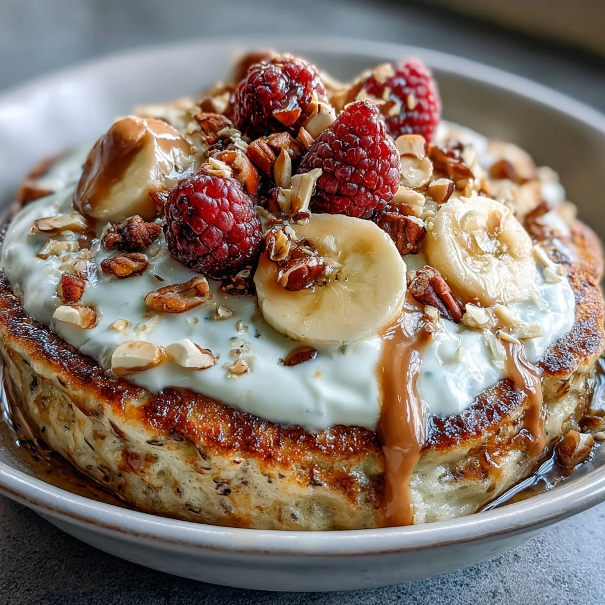 Spoon into a colorful Protein Pancake Bowl where fluffy oats and banana blend with berries, nuts, and a smooth nut butter drizzle.